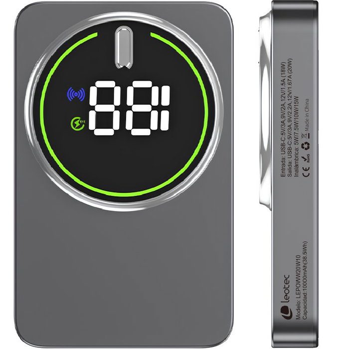 Leotec Power Bank Inalámbrico 10000mAh 20W Gris
